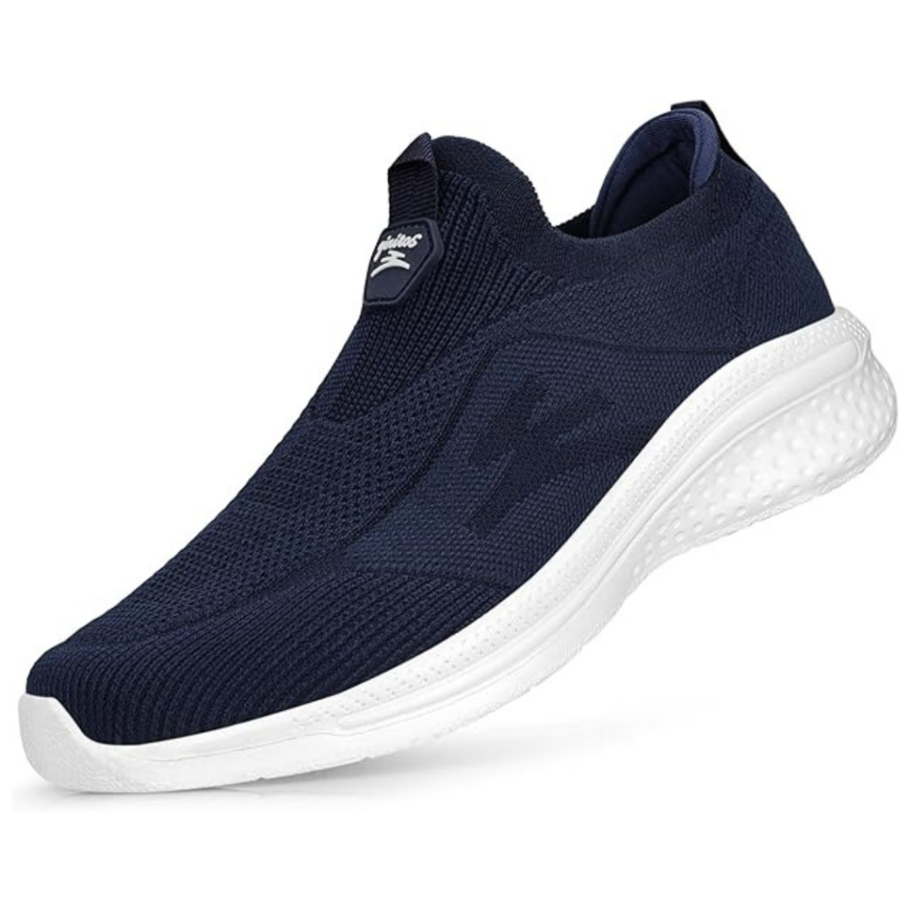 “A navy blue slip-on sneaker with a breathable knit mesh upper and a thick white cushioned sole, designed for lightweight comfort and casual wear.” solewell store
