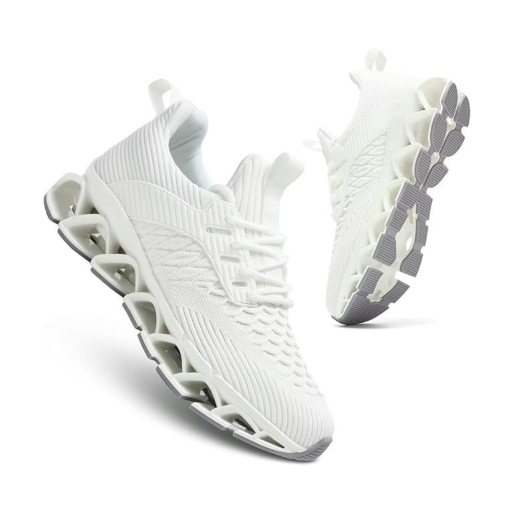 White women’s slip-on walking sneakers with a breathable knit upper and thick cushioned ‘blade’ sole. The shoes feature a modern, sporty design with a flexible, non-slip outsole and a lightweight construction suitable for running, casual wear, or all-day comfort. The image shows a close-up of the textured upper and the uniquely segmented sole for shock absorption ,solewell store