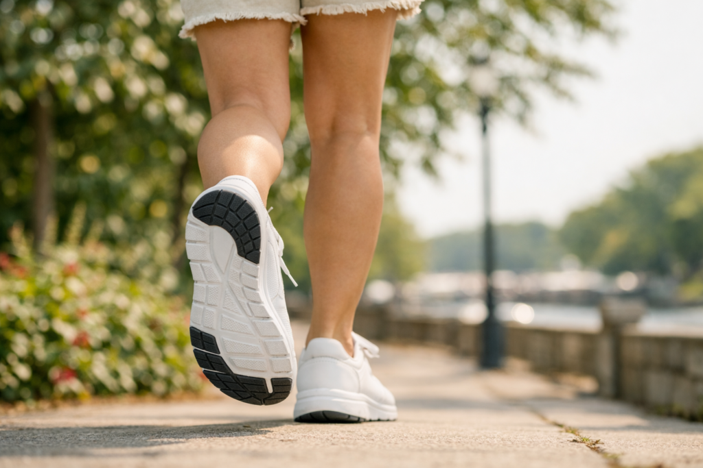 Close-up of a woman’s white sneakers as she walks outdoors on a sunny day, showing the textured sole and stride motion with a blurred park background."solewell store