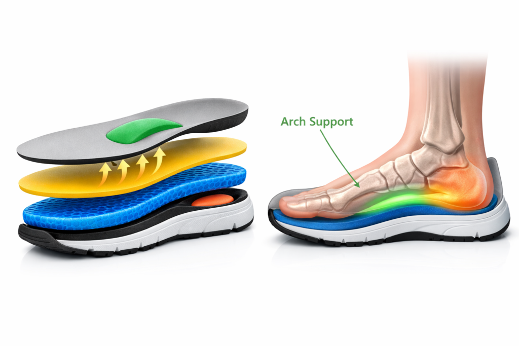 A composite image showing an exploded view of a multi-layer orthopedic insole with arch and heel cushioning, alongside an anatomical foot illustration highlighting arch support and heel pressure relief inside a shoe." solewell store