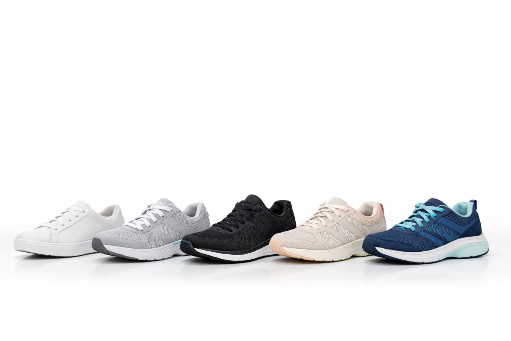 A lineup of five pairs of walking shoes displayed side by side on a clean white background, featuring various styles and colors including white, gray, black, beige, and navy blue, representing comfort and versatility in footwear. solewell store