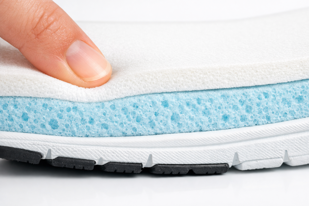 A close-up view of a shoe sole showing layered cushioning materials, including a soft white insole, light blue memory foam midsole being pressed by a finger, and a durable black rubber outsole with tread pattern, illustrating comfort and flexibility." solewell store