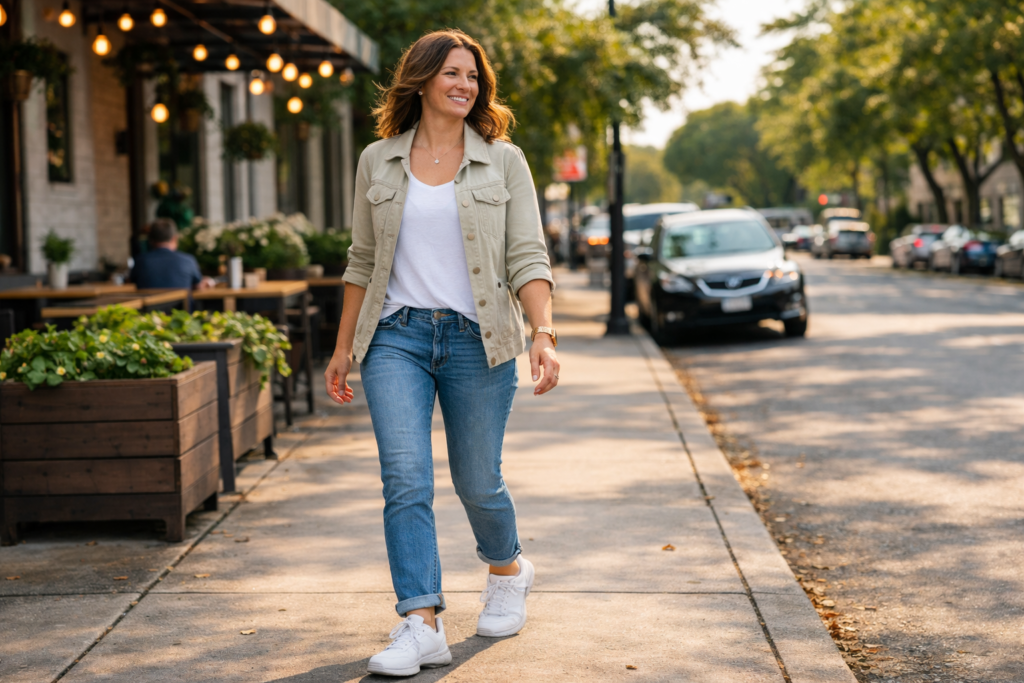 A stylish woman in her 30s walks down a sunlit urban sidewalk wearing white sneakers, light blue jeans, and a beige jacket. She smiles confidently as she passes a café with string lights and greenery, embodying a relaxed lifestyle vibe.