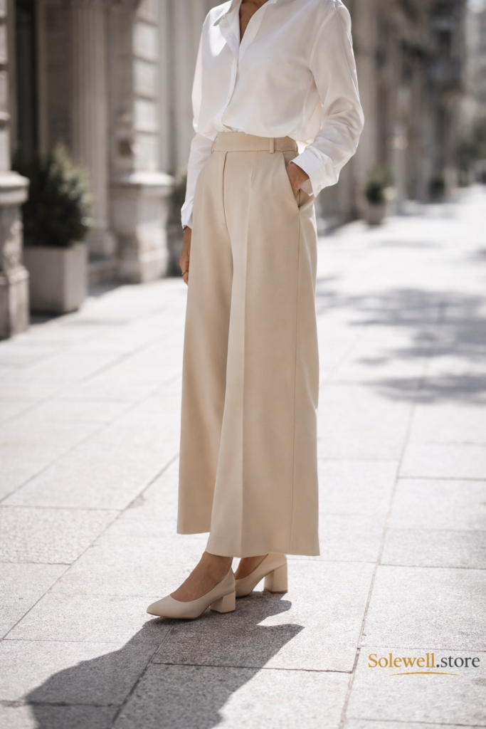 “Woman wearing beige block heels with white blouse and wide-leg trousers, luxury minimalist fashion, Pinterest aesthetic, realistic street style photography, Solewell.store logo bottom right.”