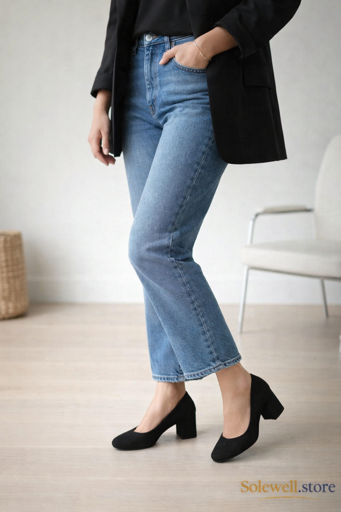 Your chic casual fashion shot is ready — black block heels paired with blue straight jeans and a black blazer, styled in a modern Pinterest aesthetic.